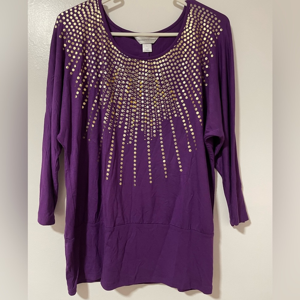 Christopher & Banks Purple Gold Silver Bead Patterned Top Sz L